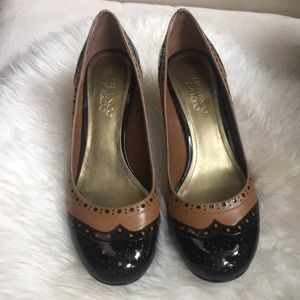 Brown leather wingtip kitten heel